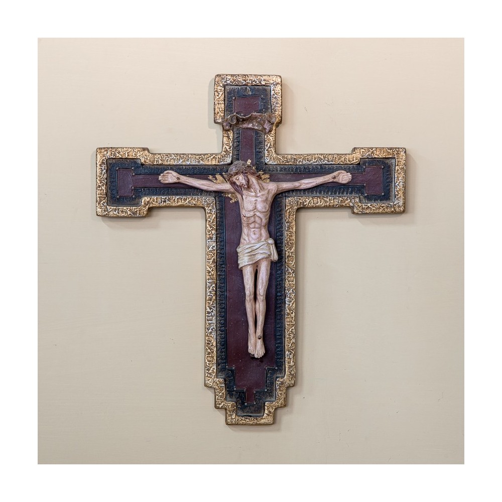 Small Patinated Colored and Gold Byzantine Crucifix in Ceramic